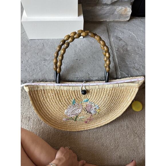 Boho Half Moon Bag Straw Embroidered Floral Prairie Feminine Wooden Handle - Picture 7 of 10